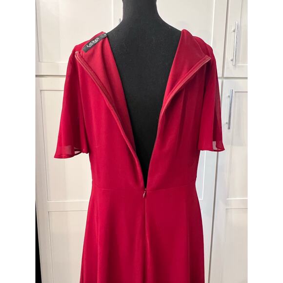 LAUREN Ralph Lauren Red Chiffon Dress Women's Sz 12 Midi Blue Label Short Sleeve - Picture 5 of 6